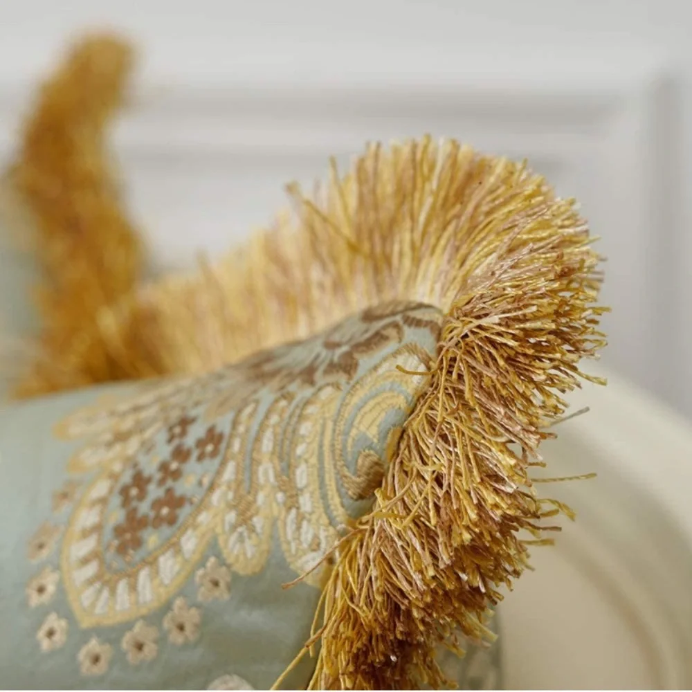 Luxury Home | Elegant Aqua & Gold Jaquard Embroidered Fringe Throw Pillow Cover